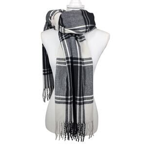 BANANA REPUBLIC UNISEX BLACK PLAID WOOL BLEND BLANKET SCARF – 80" × 24", FRINGED